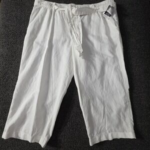 Liz Claiborne Crop Pants Womens XL White Linen Cotton Adjustable Waist Loose Fit